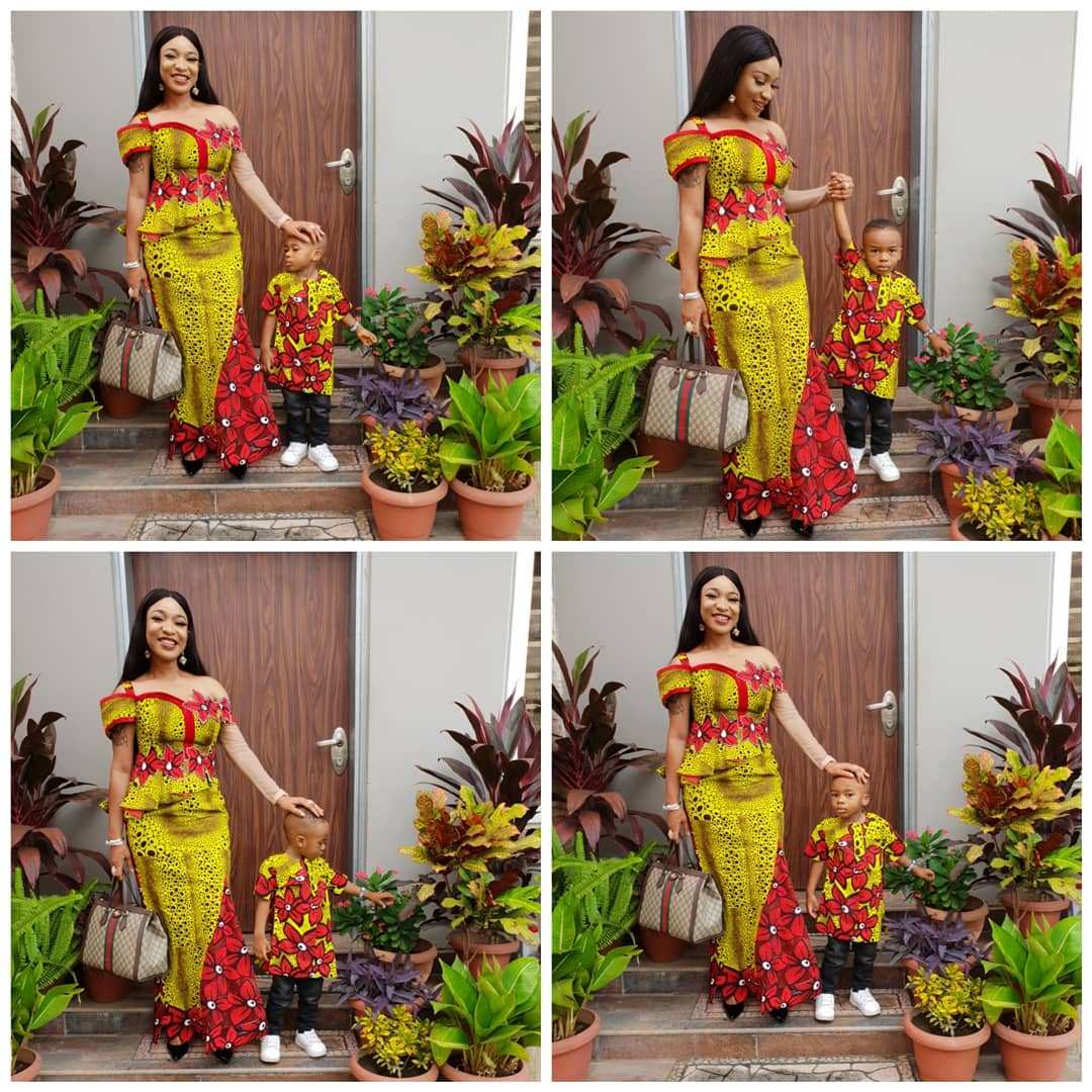 Tonto Dikeh and Son twinning for Sunday Service