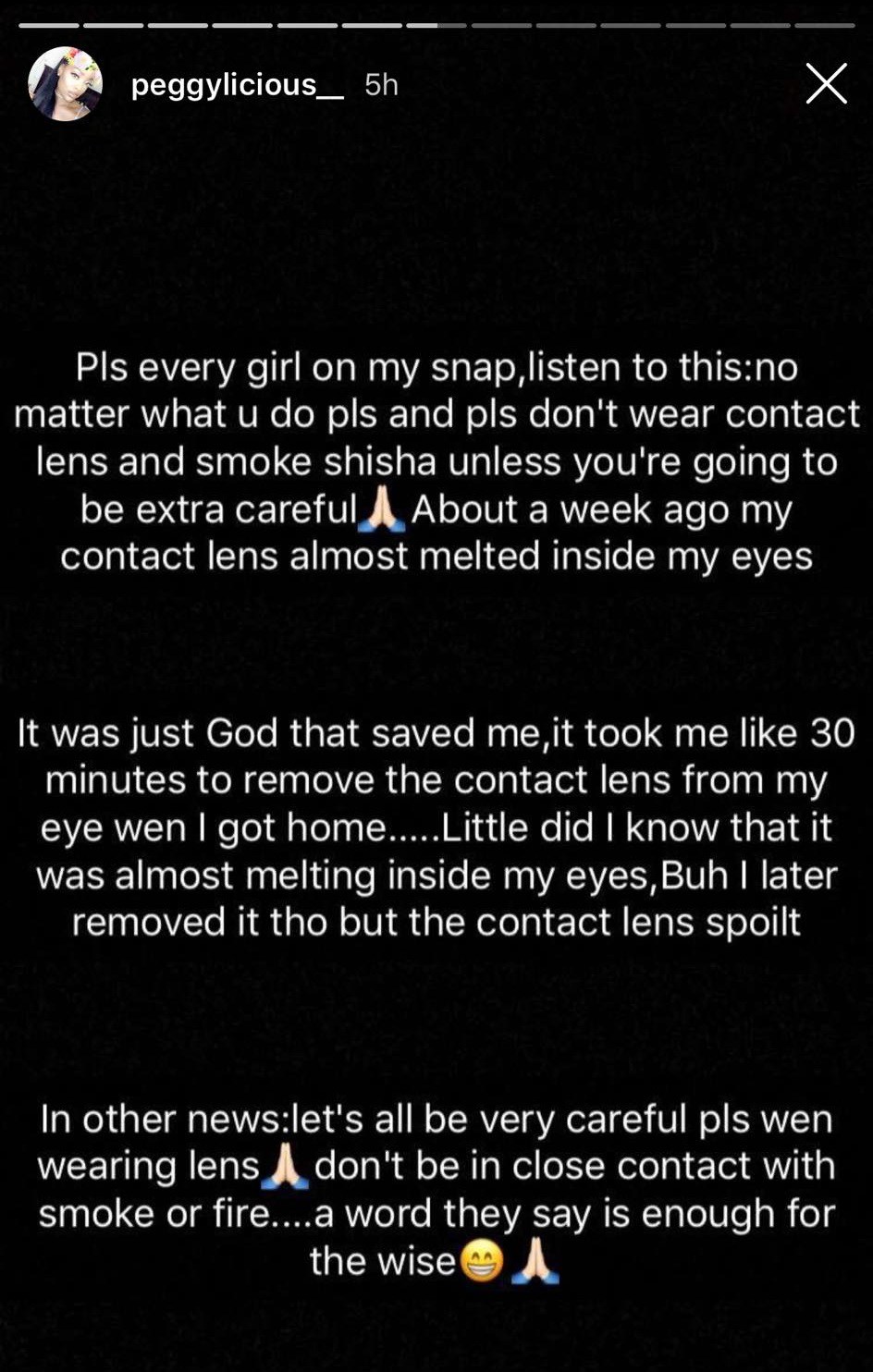 Nigerian Lady warns against smoking shisha while wearing contact lens, narrates her experience