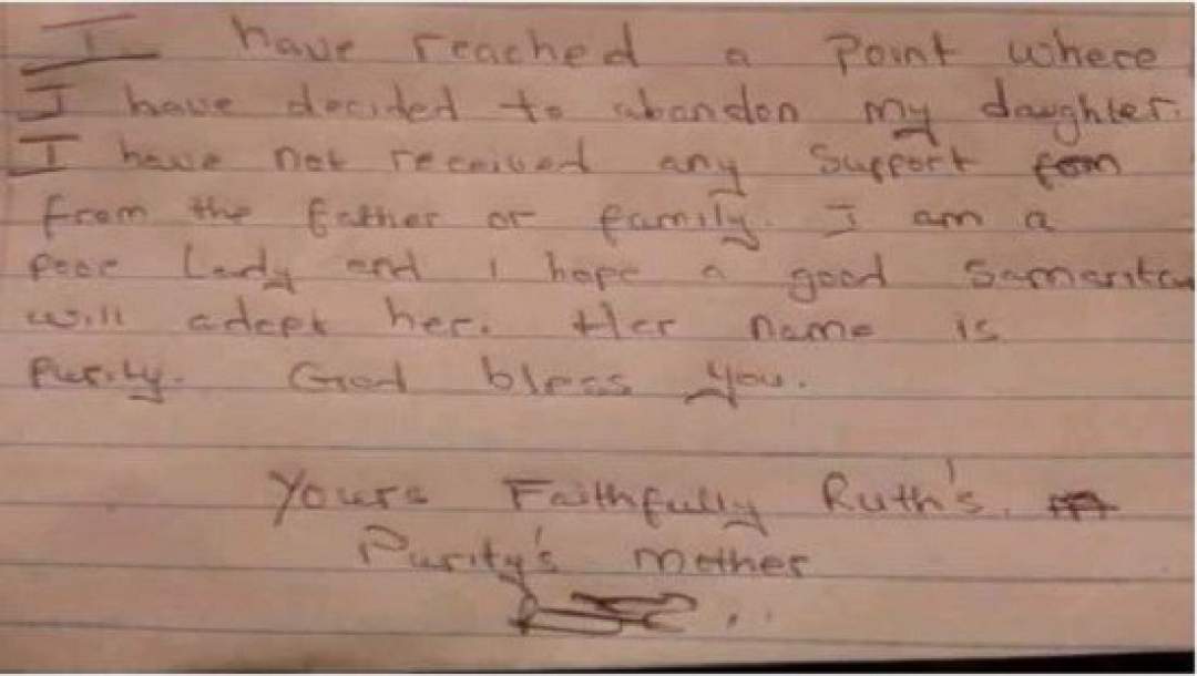 Woman who abandoned her baby in a bush, left a note behind.