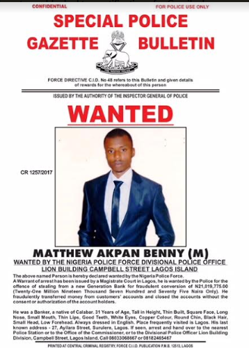 Police declare 9 bankers wanted for stealing customers' deposits totaling over N500million