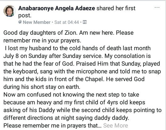 Nigerian Lady narrates how her husband died after returning from Sunday service