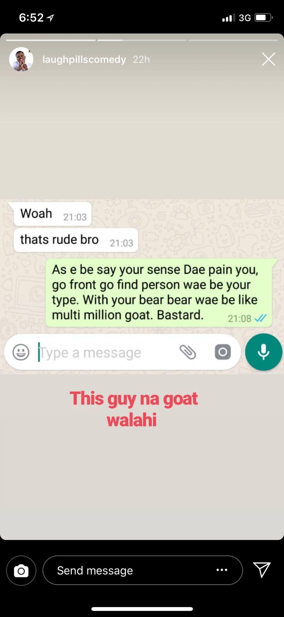 IG comedian, Laughpillscomedy shares screenshot of his chat with a Nigerian man who wants to have s*x with him