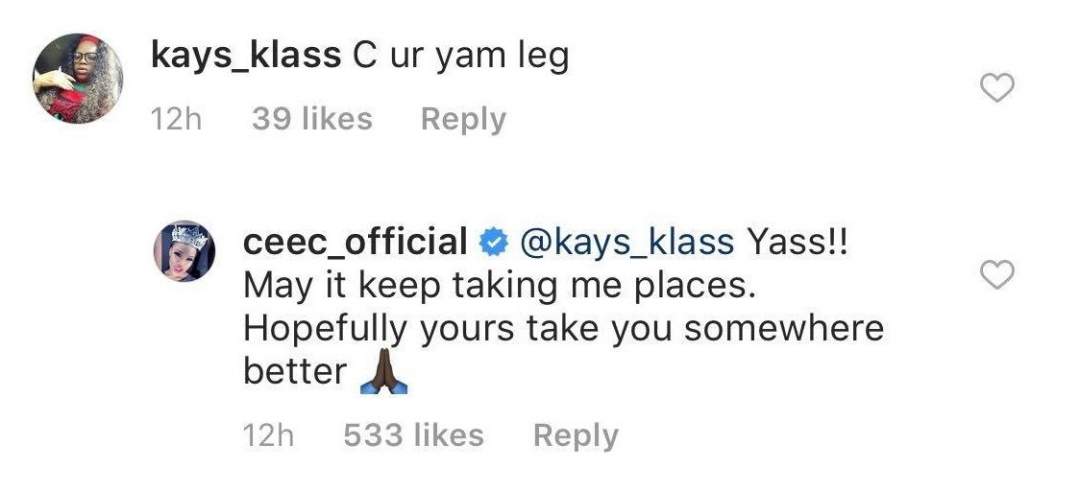 CeeC replies follower who said she has yam legs.