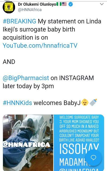 Kemi Olunloyo reacts to birth of Linda Ikeji's baby.