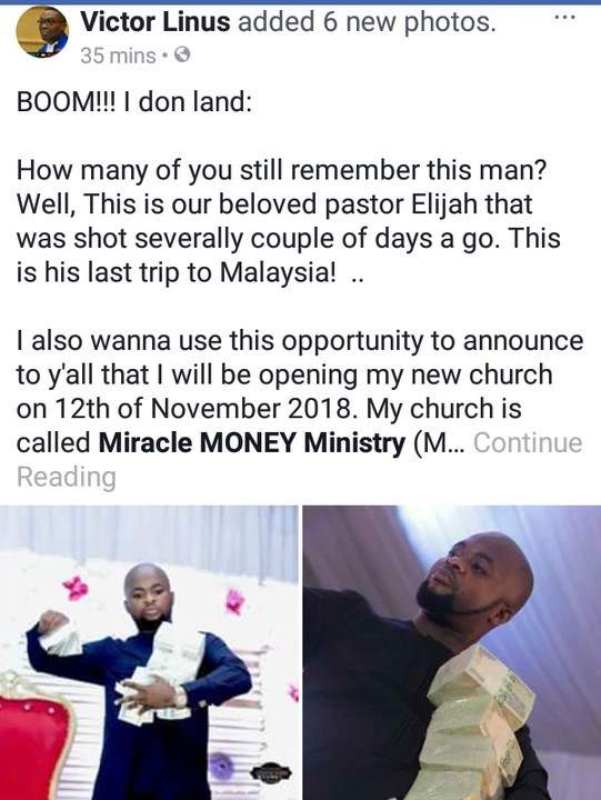 Trending photos of Anambra bulletproof Pastor, Elijah, flaunting bundles of naira before he was 'shot'.