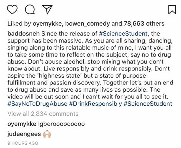 'Say no to drug abuse. Don't abuse alcohol. stop mixing what you don't know about' - Olamide to science students