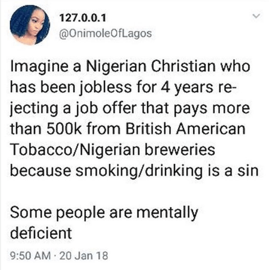Nigerian guy rejects 500k job at British American Tobacco/Nigerian breweries, because smoking is a sin... Freeze reacts!