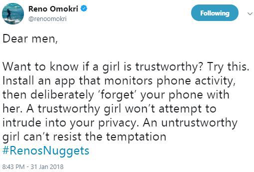 How to know if your girlfriend is trustworthy or not - Reno Omokri writes