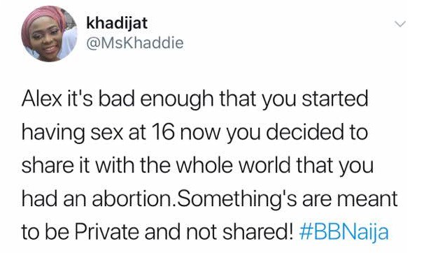 #BBNaija: Alex reveals she had an abortion at age 16, Nigerians reacts