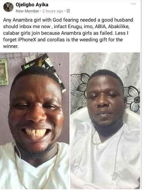 Hey Ladies, this Nigerian man is looking for a life partner; says he will give her iPhoneX and Corolla car as wedding gifts.