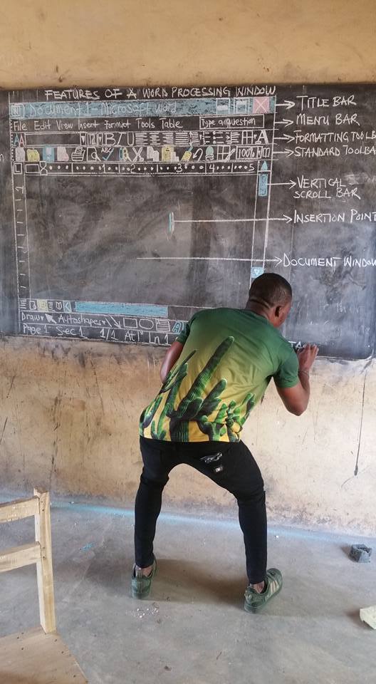 Microsoft To Support Teacher Owura Kwadwo Who Drew Computer Interface On The Board For His Students.
