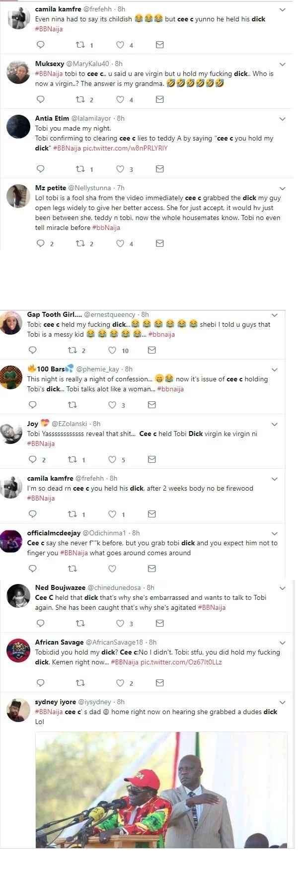 Twitter Nigeria reacts to video of Tobi accusing Cee-C of hand grabbing his d*ck under the duvet (Screenshots)