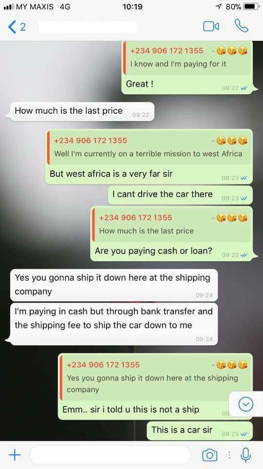Read this Whatsapp conversation between a Nigerian car dealer and a potential client