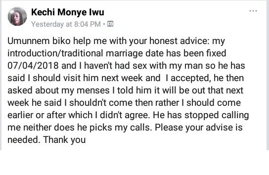 Nigerian lady set to wed next month says her man isn't picking her calls after she refused to have sex with him