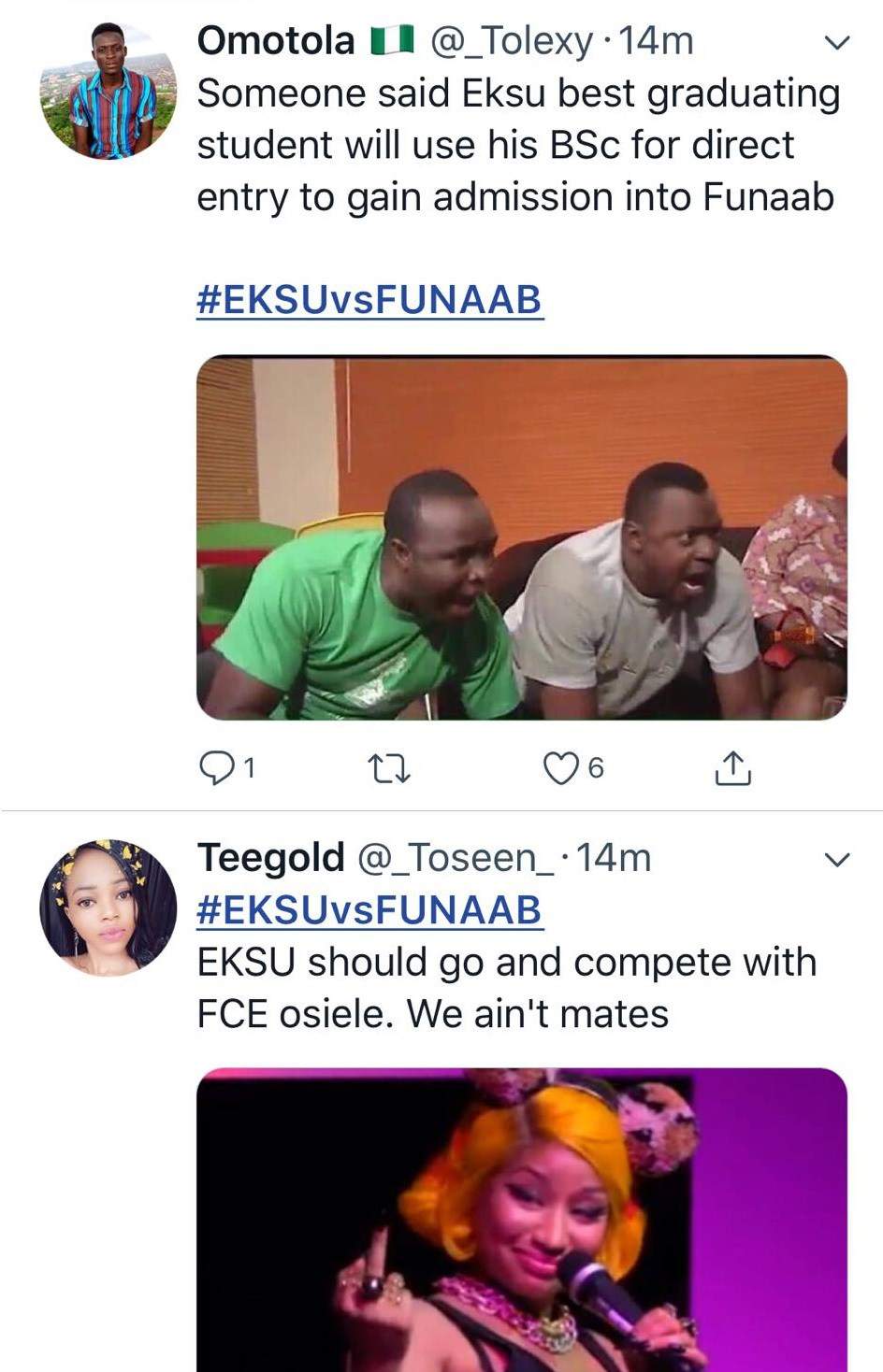 EKSU vs FUNAAB: Students drag each other on Social Media