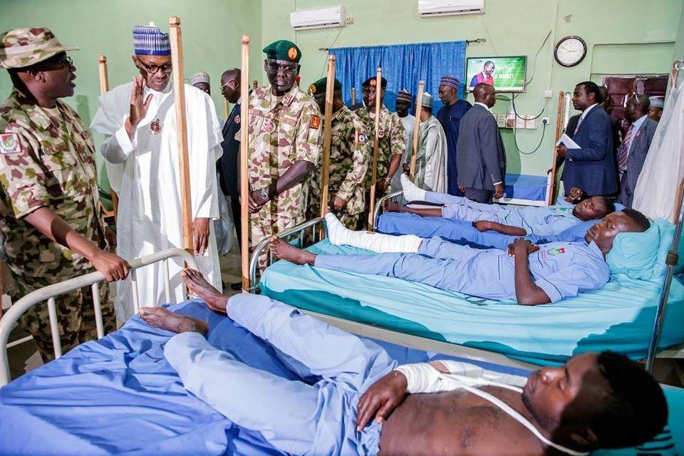 President Buhari visits wounded soldiers in Maiduguri; orders military to end Boko Haram threat