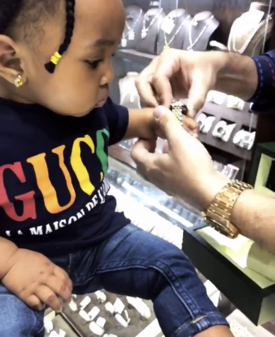 Mompha buys his 8-month-old daughter Rolex wristwatch with diamond face (photos)