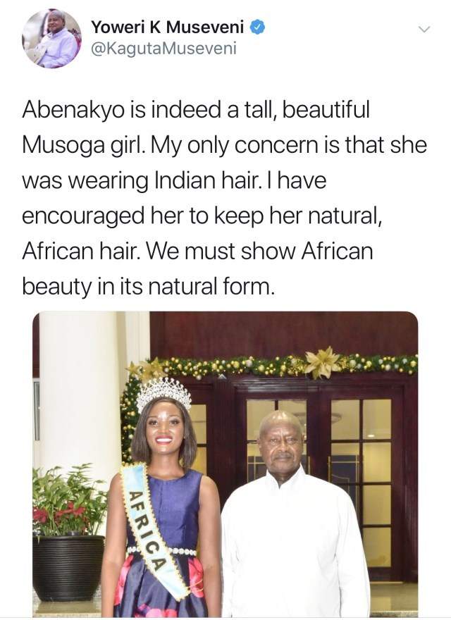 Ugandan president tells Miss World Africa to stop wearing weaves