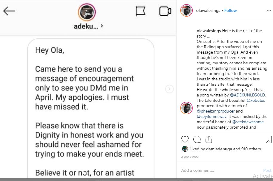 Adekunle Gold reveals why he helped Olawale, Project Fame winner turned Uber driver