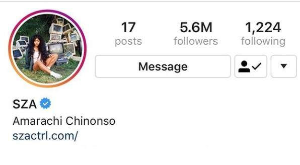 American singer, SZA changes her name to 'Amarachi Chinonso' on Instagram (Screenshot)