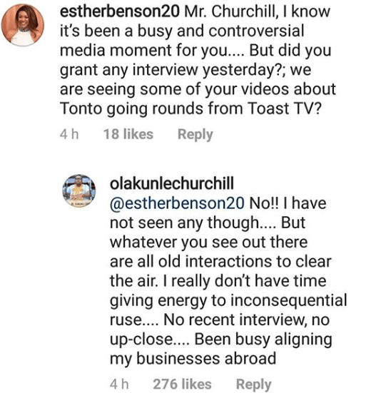 Olakunle Churchill denies granting any recent interview that could have triggered Tonto's recent outburst