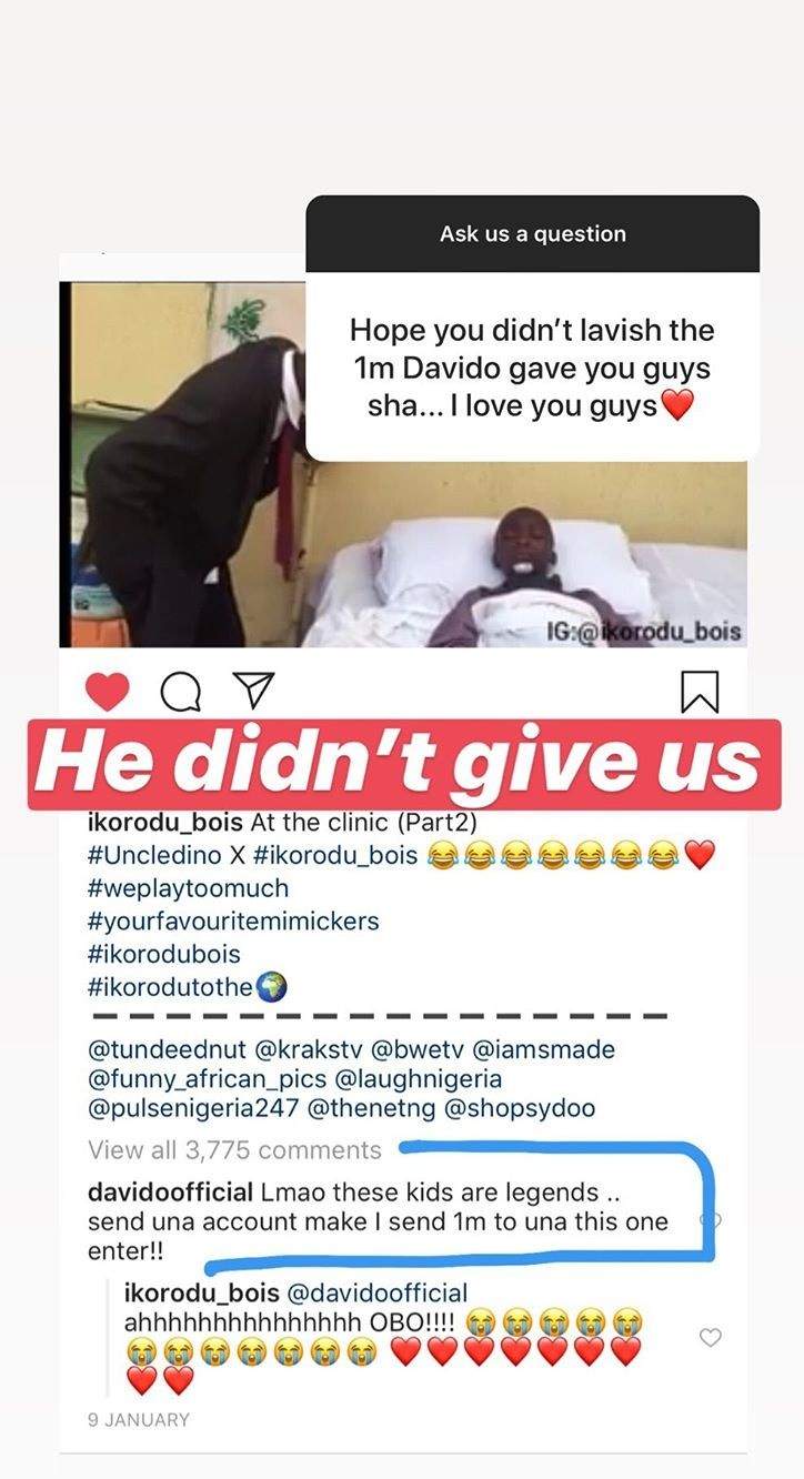 Ikorodu Boys Reveal Davido Hasn't Given Them The N1M He Promised