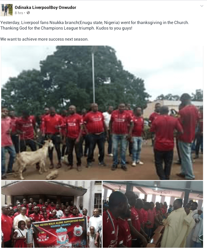 Liverpool fans in Nsukka go for thanksgiving in Church after historic Champions League win (Photos)