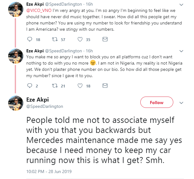 Top Nigerian rappers, Speed Darlington and Vic O fight on Twitter