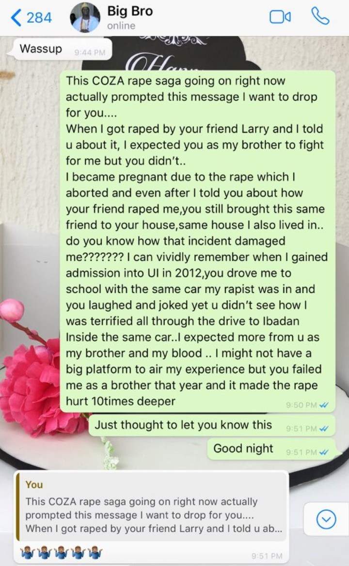 Lady shares the shocking thing her older brother said on Whatsapp after she was raped and impregnated by his friend.