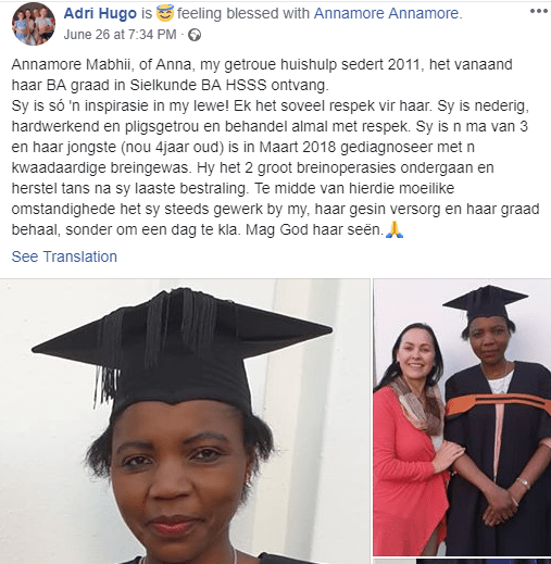 SA Lady celebrates househelp who graduated with a degree in Psychology