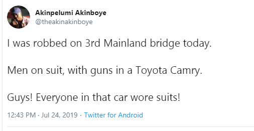 Nigerian guy narrates how he was robbed by men wearing suits on Third Mainland Bridge