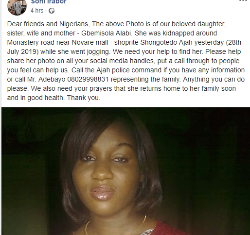 Woman kidnapped while jogging in Ajah, Lagos (Photo)