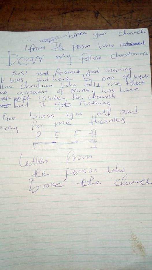 Thief breaks into church in Uganda to steal money, then writes letter apologizing for his action
