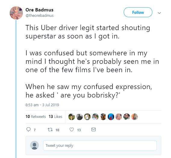 Lady shares hilarious encounter with an Uber driver who thought she's Bobrisky