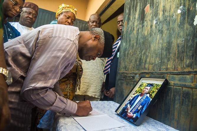 VP Yemi Osinbajo visits parents of corps member shot dead during Shi'ite-Police clash in Abuja