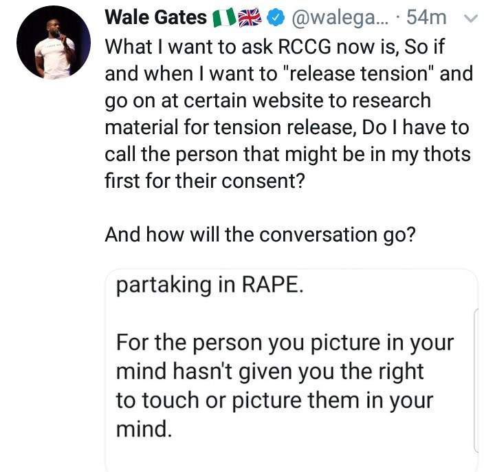 RCCG counsellor says masturbating while thinking about a certain person is RAPE; Comedian, Wale Gates reacts
