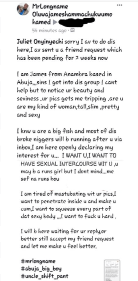 Nigerian guy tired of masturbating with crush's photos, publicly declares interest to 'penetrate' her