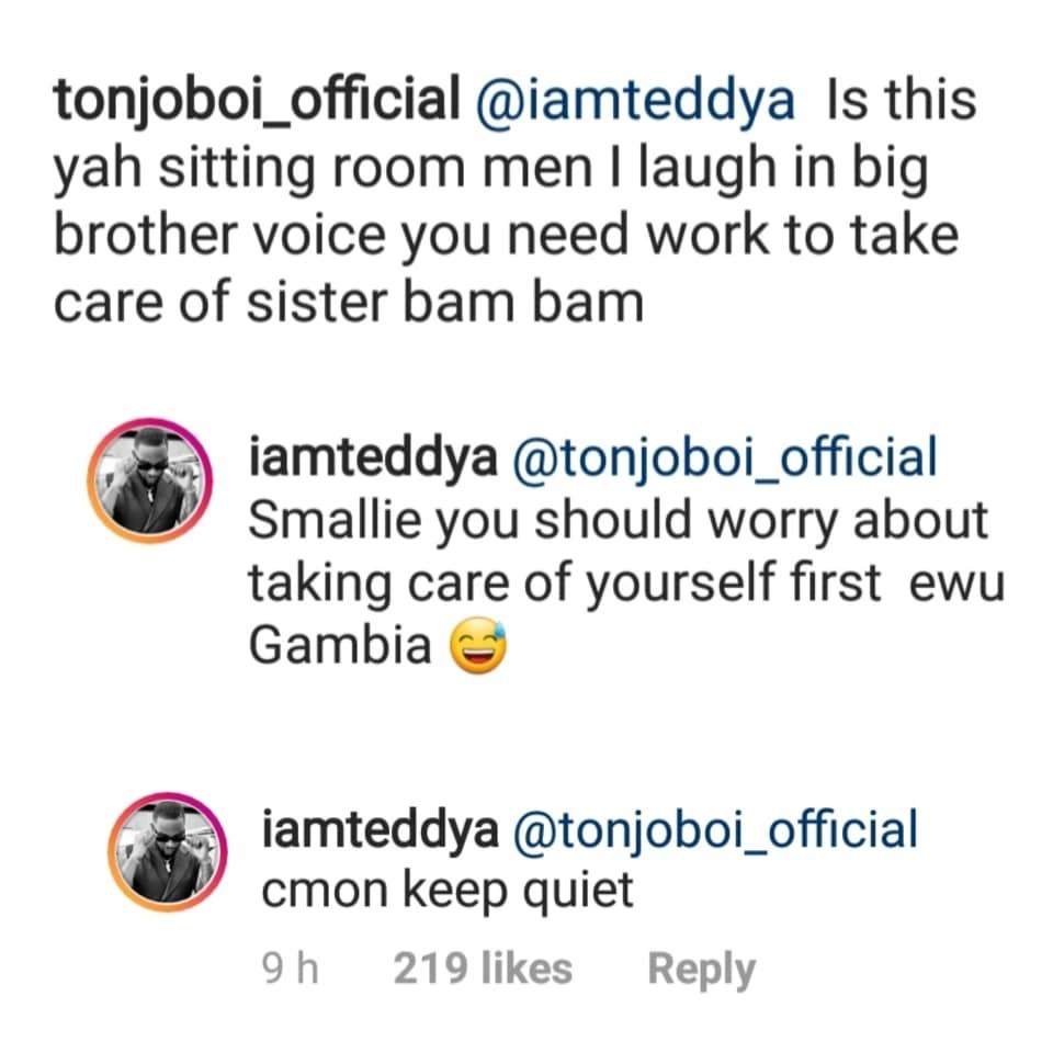 Teddy A hits back at Bam Bam's fan who questioned his ability to take care of her.
