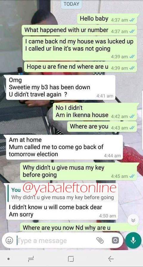 Nigerian Lady lies to her boyfriend that she was home, turns out she was at a hotel with another guy (Screenshots)