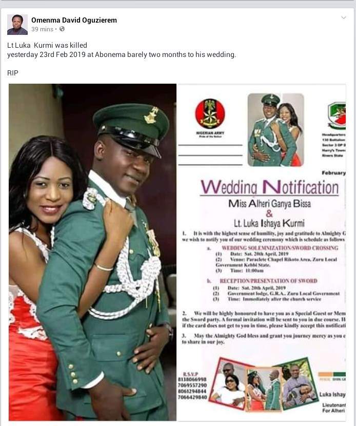 #NigeriaDecides2019: Soldier killed in Rivers State two months to his wedding