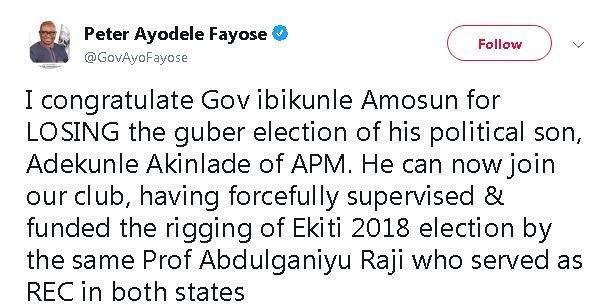 Ayo Fayose mocks Governor Amosun over Dapo Abiodun's victory as Ogun State governor-elect