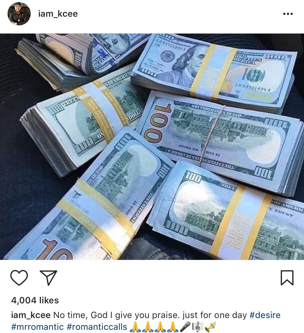 Singer KCee Busted For Flaunting Someone Else's Stacks Of Dollars On Instagram (Photos)