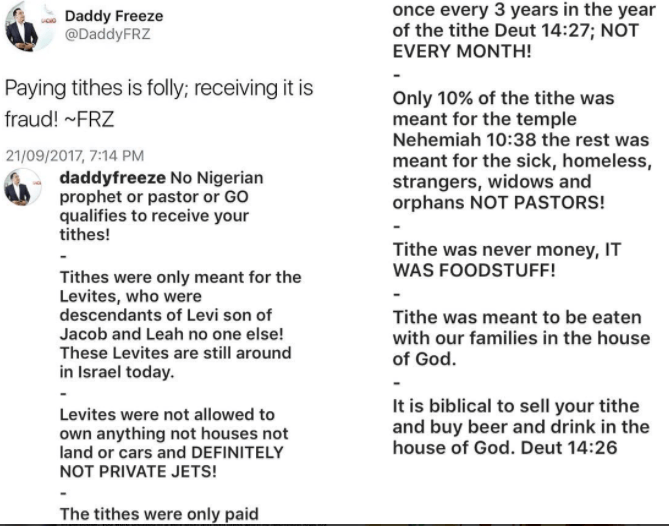 'No Nigerian prophet or pastor or GO qualifies to receive your tithes!' - Daddy Freeze Writes