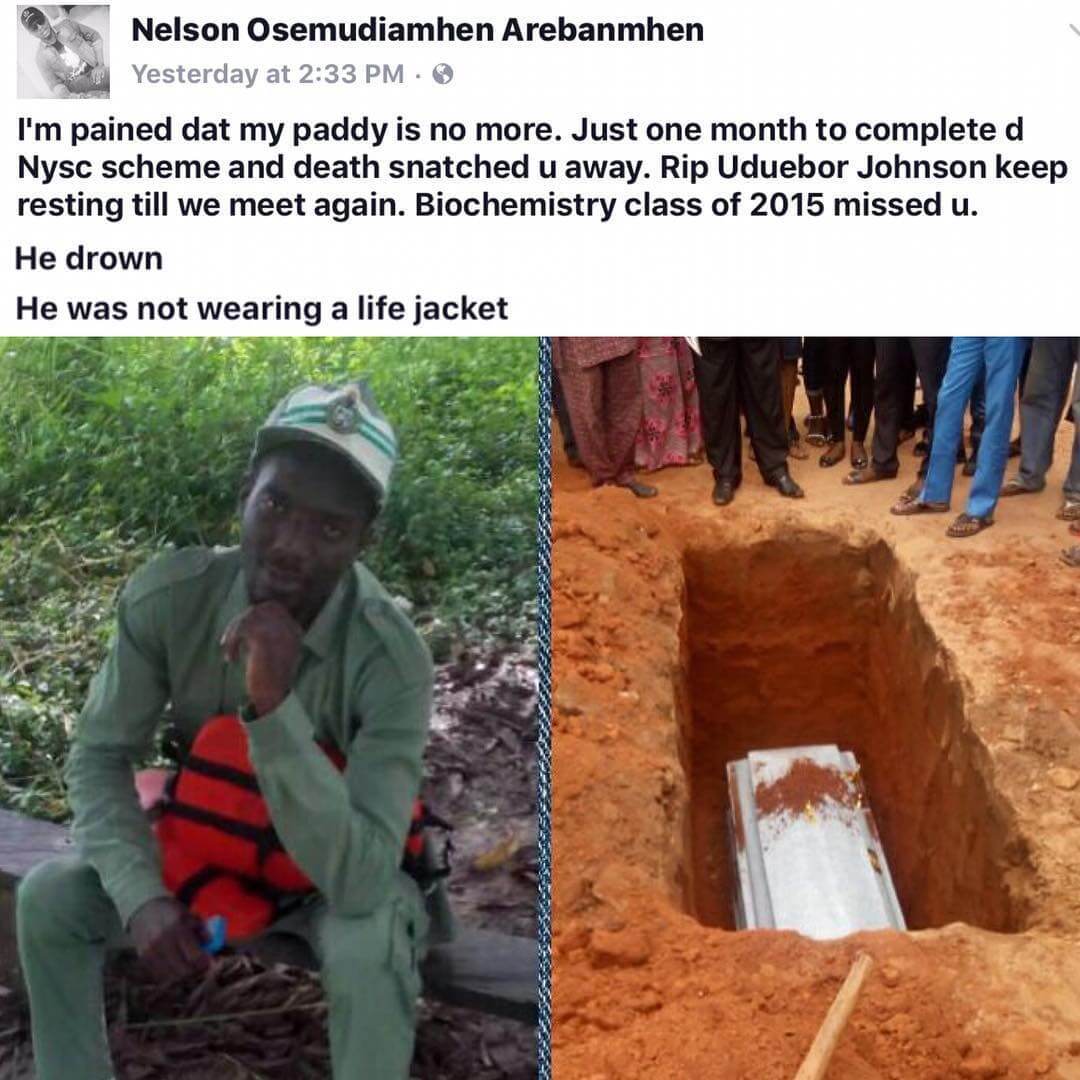 Corper drowns in boat accident barely one month to end of his service