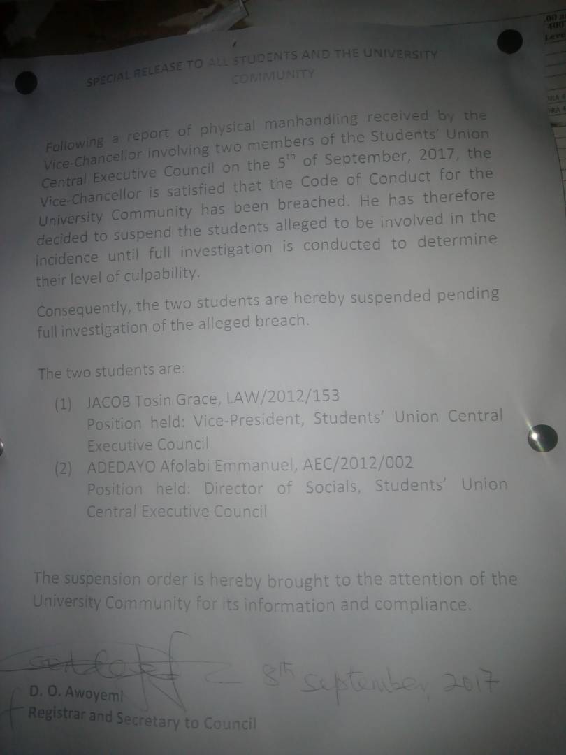 OAU Management Suspends SUG VP And Social Director Who Fought Over N3.8m