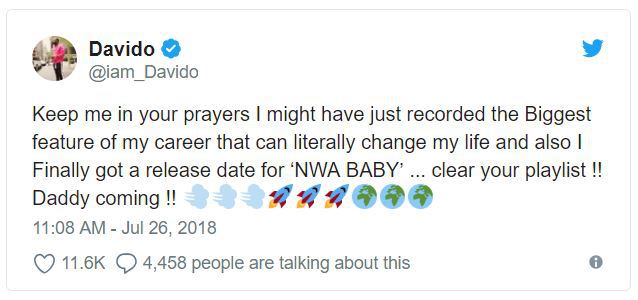 'I might have just recorded the biggest feature of my career' - Davido tells Fans