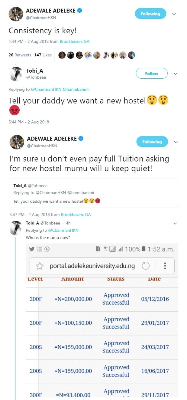 Davido's brother Adewale slams student requesting for a new hostel at their Dad's University