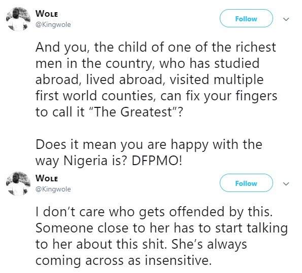 Nigerian Man attacks DJ Cuppy for calling Nigeria the greatest nation