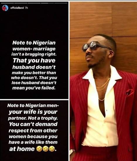 'Your wife is Not a Trophy' - Bovi Advice Nigerian Men