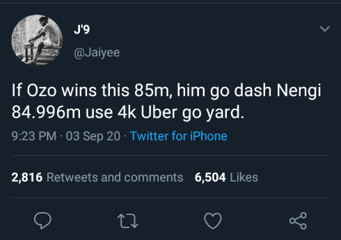 #BBNaija: If Ozo wins the 85million, him go dash Nengi 84.996million use 4,000naira Uber go yard - Twitter user says